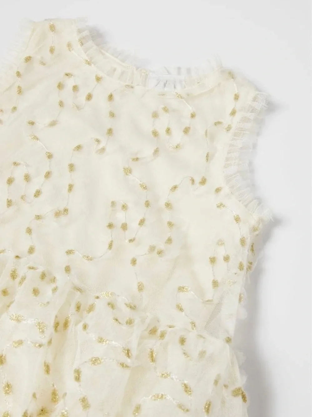 ZARA Kids Girls White Gold Metallic Embroidery Tulle Dress